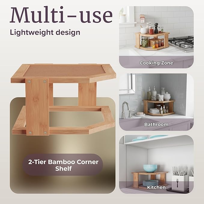 2-Tier Bamboo Corner Shelf for Kitchen or Bathroom Cabinet, Countertop, Cupboard Storage and Organizer, Natural Wood Space Saving Rack by Lavish Home