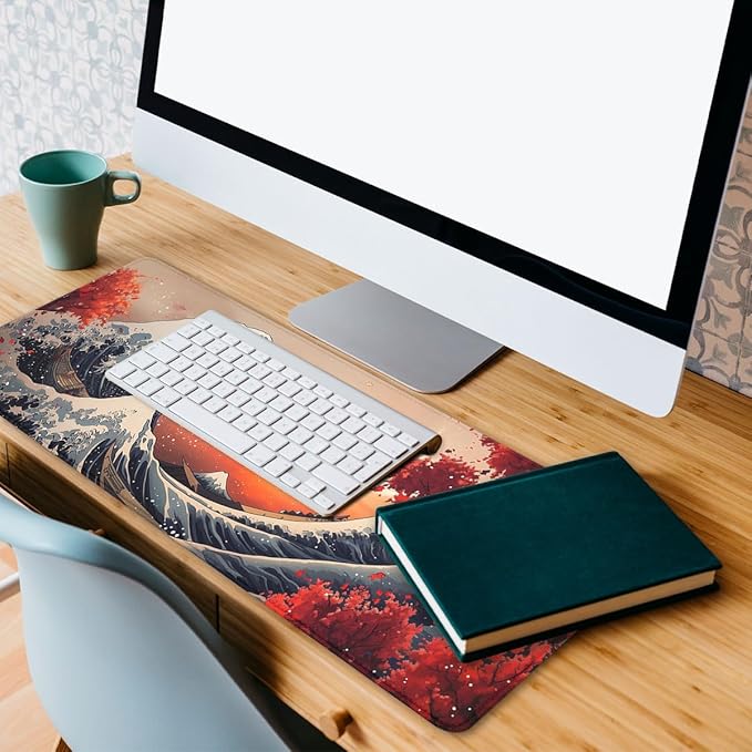 Japanese Great Wave Desk Mat Ocean Sunset Red Maple Mousepad XL Large Gaming Mouse Pad Laptop Keyboard Mat Desk Pad 31.5"x11.8"