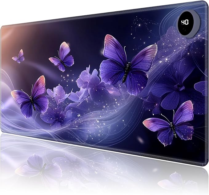 Heated Mouse Pad,Warm Desk Pad with 3 Levels Heating & 3 Hours Auto Shut-Off, PU Leather Heated Desk Pad Warmer Pad for Home Office - 31.5 x 13 inch,Purple Butterfly