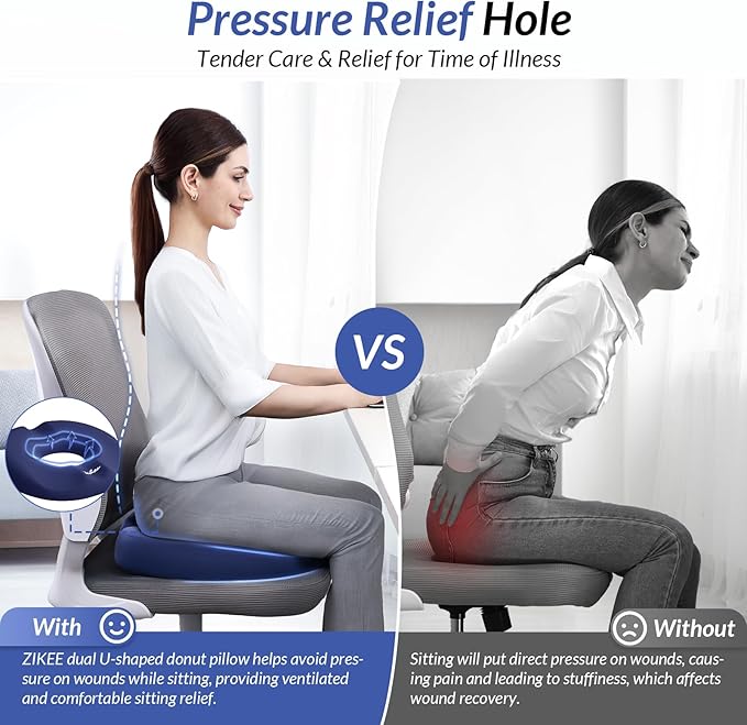 ZIKEE Donut Pillow Seat Cushion for Tailbone Pain, Hemorrhoid Pillow with Pressure Relief Hole & Thigh Slope Design for Postpartum & Post Surgery Sitting Relief (Blue, Large)
