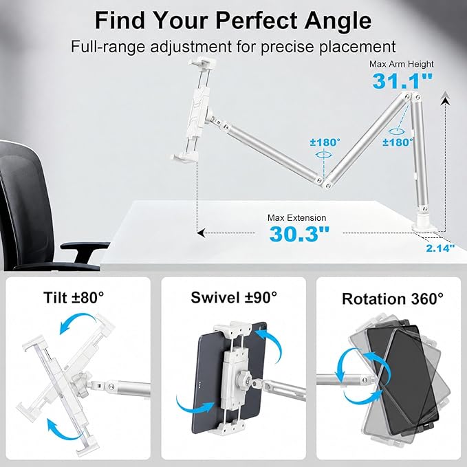 Portable Monitor Stand 15.6", Heavy Duty Tablet Arm Mount with Desk Clamp, Sag-Free Adjustable iPad Holder for Bed, 360° Foldable Arm Fits 4.7"-18.5" iPad Pro/Air/Mini, 2.2lbs Capacity, White
