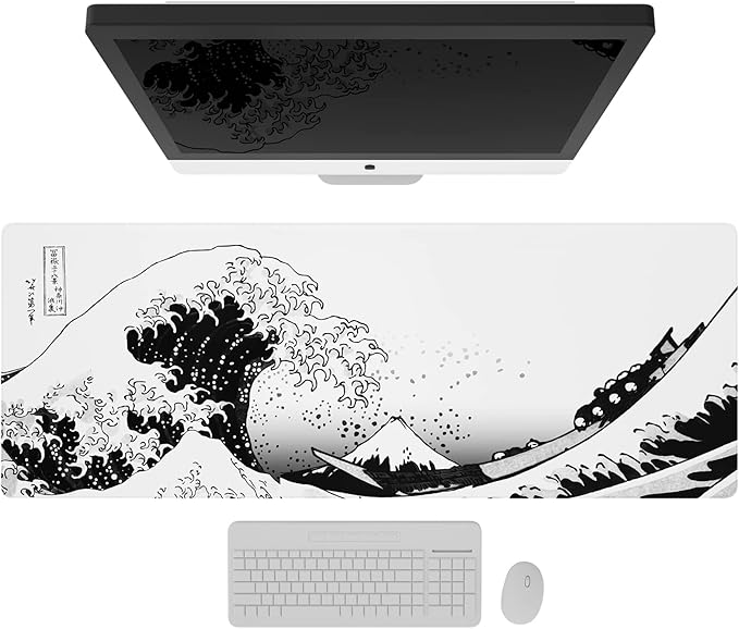 Ovenbird Gaming Mouse Pad with Stitched Edges, Japanese Wave Extended XL Mousepad with Anti-Slip Base, Cool Large Mouse Pad for Desk, 31.5 x 11.8 in, Black and White