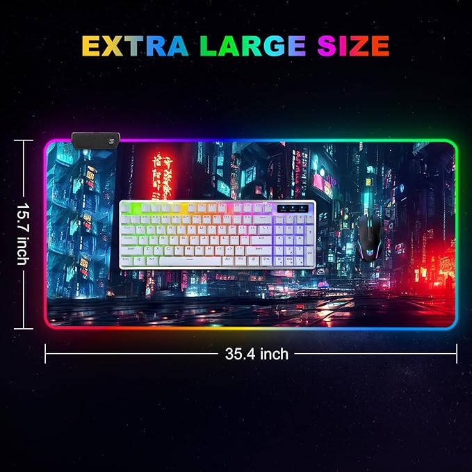 ARTSO RGB Gaming Mouse Pad Large, Extended Soft Led Mouse Pad with 14 Lighting Modes 2 Brightness, Water Resist Keyboard Pad, Computer Mousepads Mat 35.4x15.7inch, Night City