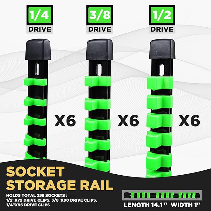 Socket Organizer Set 18PCS ABS Holder Kit - 1/4-Inch x 96, 3/8-Inch x 90, 1/2-Inch x 72 Socket Clips - Drive Tray, Rail, Green