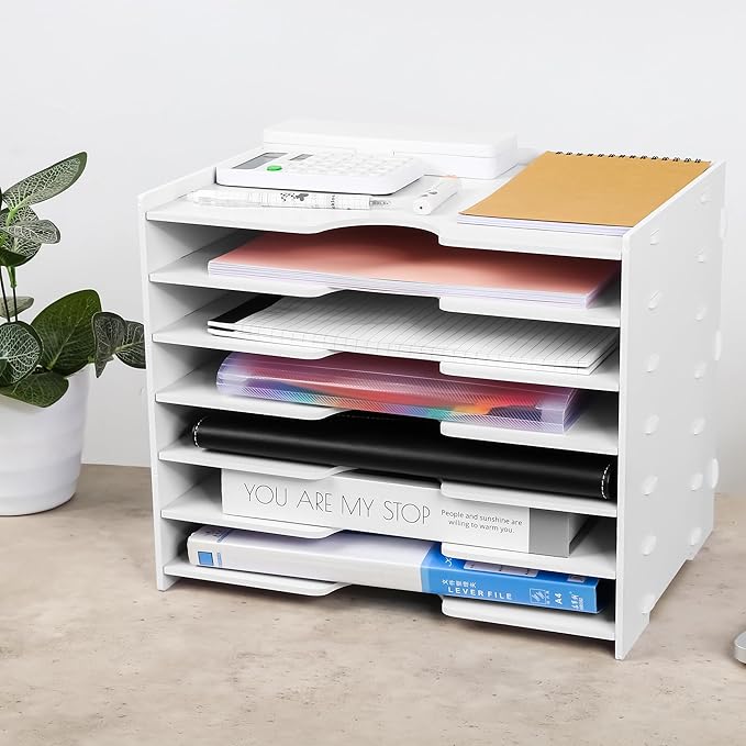 Paper Organizer Storage for Desk, 7 Tier Wide Construction File Organizer Paper Sorter, Desktop Document Storage Holder for Home Office School, White