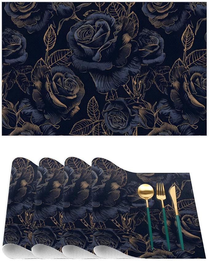 Placemats Set of 4 Heat-Resistant Rectangle Place Mats Black Flower Rose Washable Plastic PVC Dining Table Mat Non-Slip Wipeable Woven Vinyl Placemat for Kitchen Patio Table Decor