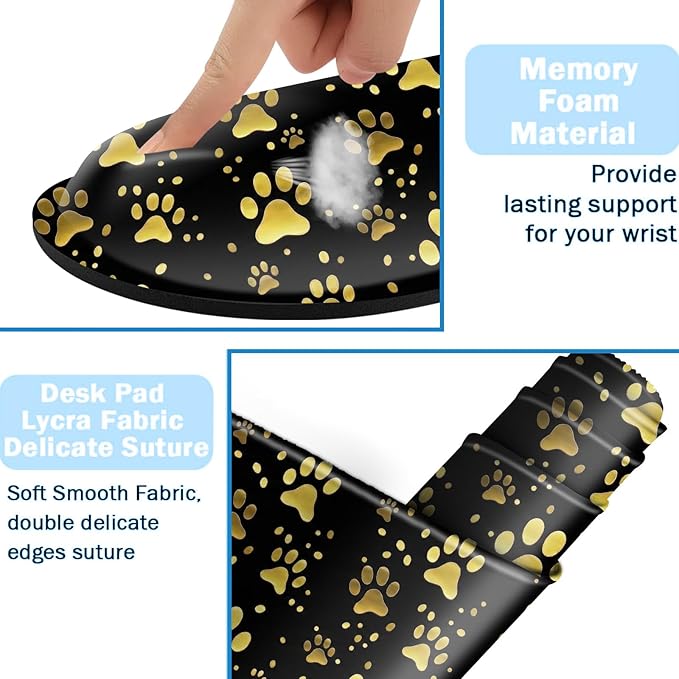 Ergonomic Mouse Pad Set with Wrist Support for Keyboard and Wrist Rest for Mouse, Memory Foam Comfort, Non-Slip Large Desk Mat for Home Office Pain Relief,Dog Gold Paw Prints