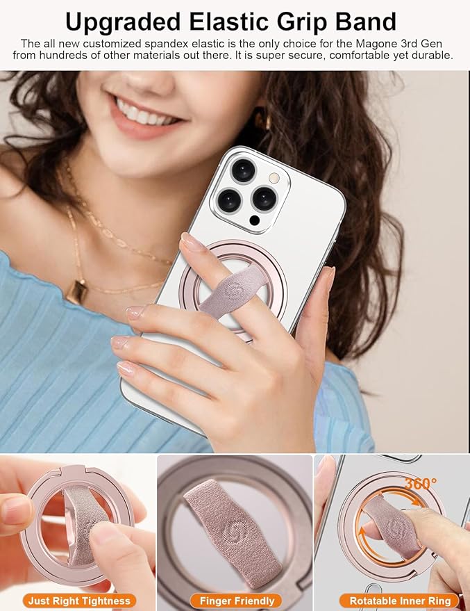 EWA MagOne 3rd Gen [Compatible with MagSafe] Phone Grip Stand with Finger Strap, Removable Magnetic Ring Holder Kickstand Loop for iPhone 17,16,15,14,13,12 Series (Pink)