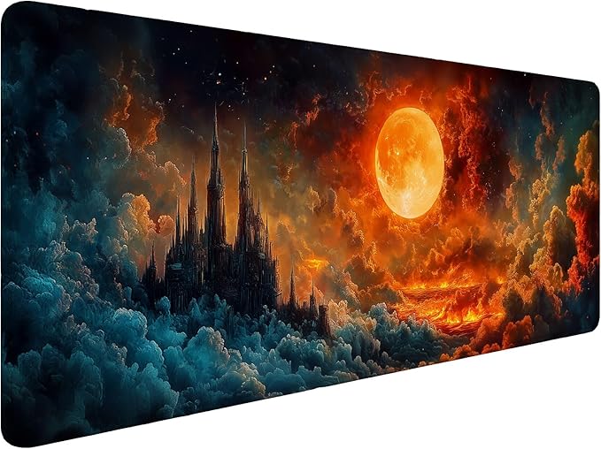 Fantasy Scenery Desk Pad Mouse Pad Hell Moon Ancient Burning Castle XL Mouse Pad Large Mousepad Extended Laptop Keyboard Mat Gaming Desk Pad Mouse Mat Office Computer Keyboard Laptop Home