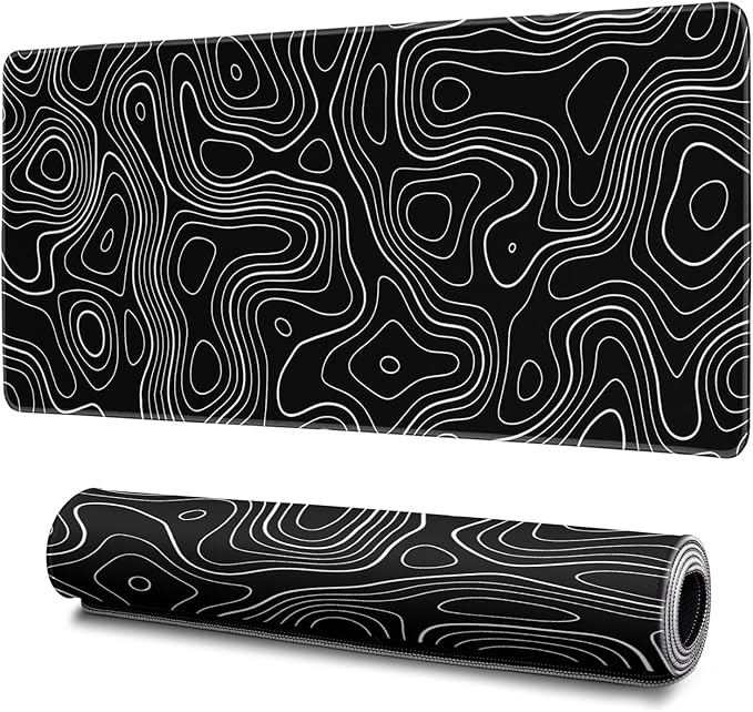 Topographic Contour Gaming Mouse Pad Black Large Mouse Pad for Keyboard and Mousepad Desk Mat with 3mm Non-Slip Base and Stitched Edge for Gaming and Office Computer Mat Protector Mat 31.5x11.8 Inch