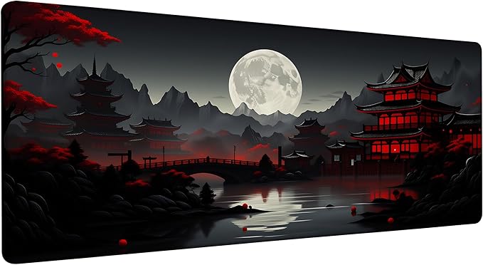 Large Gaming Mouse Pad Japan Red Black Full Moon Desk Mat,Non-Slip Rubber Base Stitched Edges,Extended Mousepad for PC,Laptop,Office,Home Decor(31.5 x 11.8 Inch)