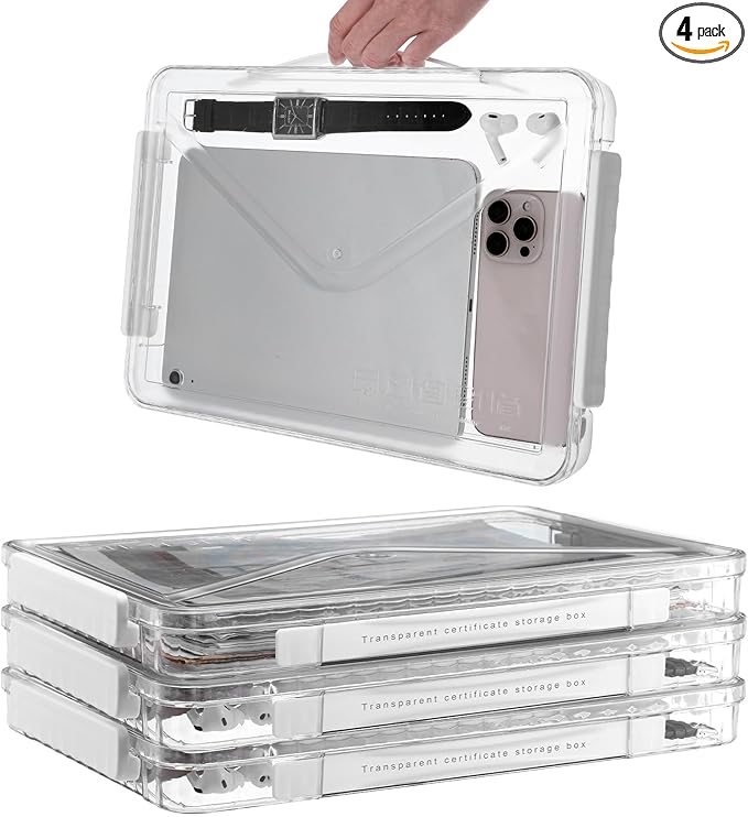4 Pack Clear Plastic File Boxes with Handle, Modern Style, Stackable, Water Resistant, A4 Letter File, Document, Photo, Scrapbook Storage