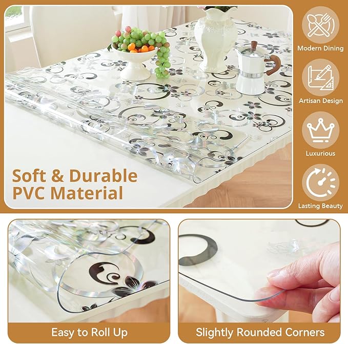 LovePads Floral Clear Table Cover Protector - 42 x 90 Inch Thick Plastic Table Cloth, Waterproof PVC Desk Mat for Dining Room Table, Wood Furniture Topper, Anti-Scratch Desk Pad for Kids Writing,