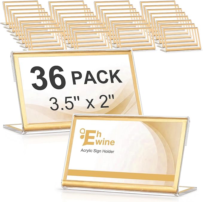 EHWINE 36 Pack Small Gold Acrylic Sign Holders, 3.5 x 2 Inch Slanted L-Shaped Name Tag & Price Label Display Stand for Wedding Table, Boutique, Retail Counter, Trade Show