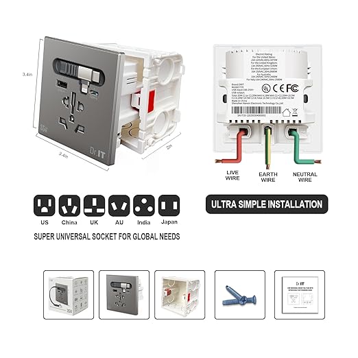 35W GaN Multi Plug Wall Outlet with Retractable Phone Charger for Bedside/Sofa, 4-in-1 Tamper-Resistant in-Wall Socket with Universal AC Port for New Renovations, UL Listed (Include 86-Type Box)