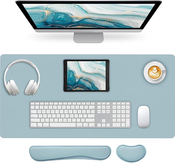 Desk Pad Mat Set,3-in-1 Large Mouse Pads with Wrist Rest and Keyboard Pad, Desk Mats for Keyboards and Mouses, Ergonomic Keyboard and Mouse Mat Set for Office Home Decor(Blue, 35.4" x 16.9")