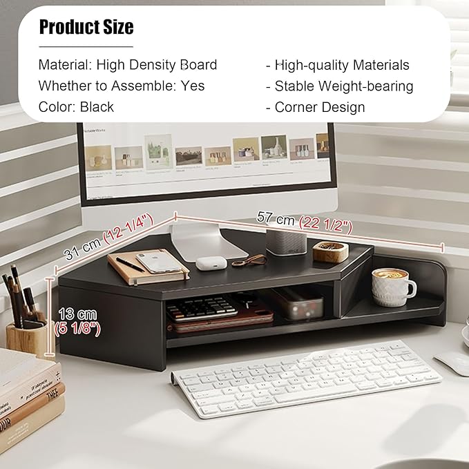 Kunovo Corner Monitor Stand with Double Storage Space, Ergonomic Triangle Desktop Corner Shelf, Save Space Desk Organizer Shelf for Office/Home (Color : Black)