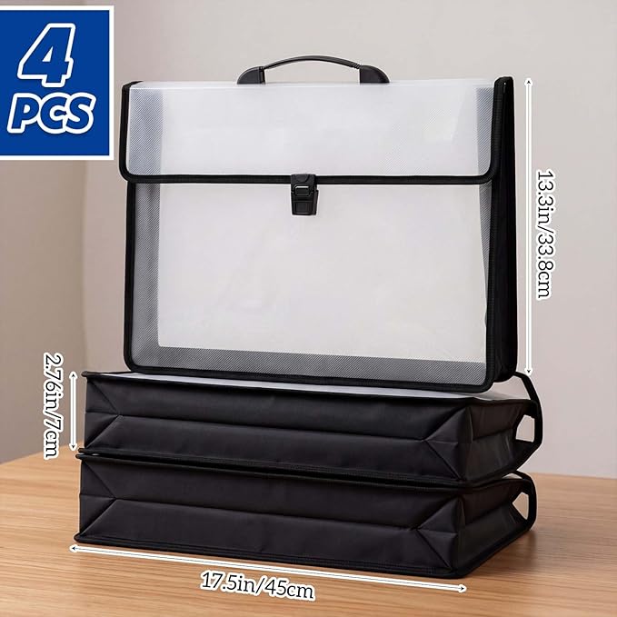 AmazingSpark 4 Pcs 11 x 17 Inch Folder Expandable Tabloid Size Document Organizers with Handle, Snap Closure & Label, Clear Plastic Expanding File Folder for A3 Ledger Size Plots Charts (Black)
