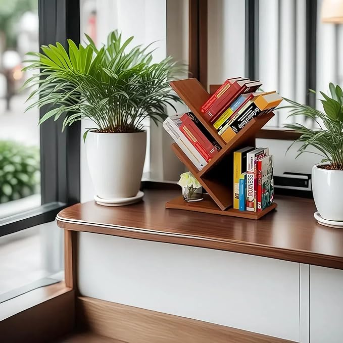 Godferyxin Tree Bookshelf,Small Bookshelf,3 Tier Wood Mini Book Shelf and Book Tree for Office, Home or School Desktop Book Shelf for for Displaying Books, CDs, Magazines Wood Storage Rack