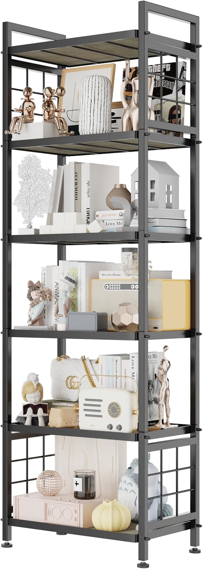 GIOTORENT 6-Tier Pantry Shelves with Wooden Boards, Heavy Duty Storage Shelves & Book Shelf, Adjustable Metal Shelving Unit for Kitchen Bathroom Laundry Organizer, Sturdy Rust-Resistant, Black