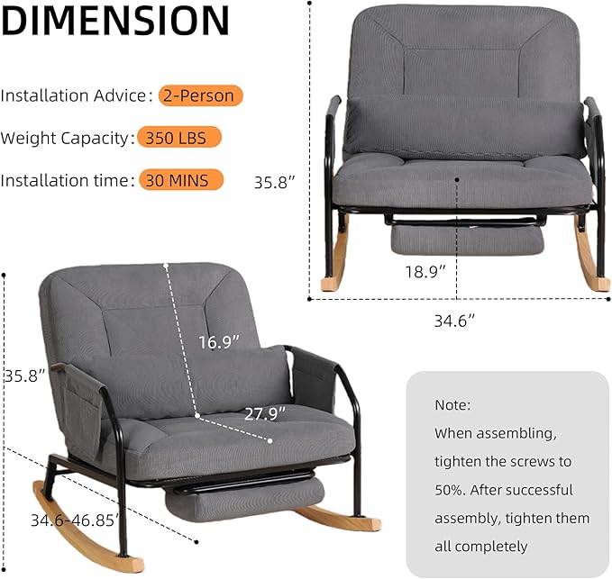 Oversized Reclining Rocking Chair with Foot Rest, 110°–160° Adjustable Backrest, Upholstered Armchair with Side Pocket for Nursery and Living Room, Grey