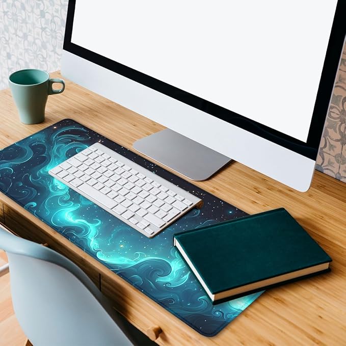 Blue Green Nebula Gaming Mouse Pad Spiral Galaxy Starlight Stars Extended Mousepad Waterproof Stitched Edges Rubber Base Non-Slip Deskmap Computer Keyboard Mat 31.5x11.8 in