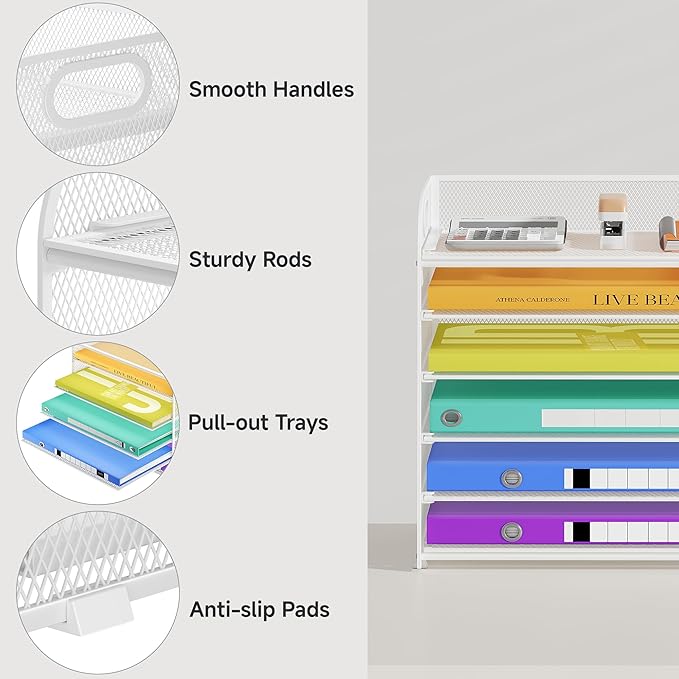 Cawukege 6 Tier Paper Organizer, White Letter Tray with Handle, Mesh Desk Organizer, Metal File Organizer, Office Desk Accessories for Home, Office, Classroom, School