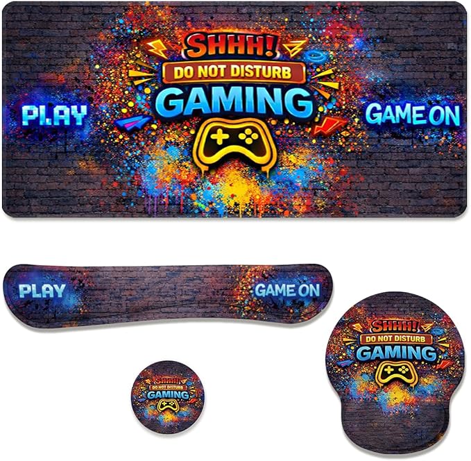 Gaming Desk Mat Set Neon Graffiti Do Not Disturb Large Mouse Pad with Wrist Rest 4in1 Desk Mat for Desktop Ergonomic Computer Desk Arm Wrist Anti-Slip Computer Mouse Pad Home Office Gaming
