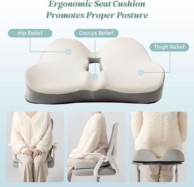SheRest Seat Cushion, Ergonomic Memory Foam Cooling Cushion, Pressure Relief Suitable for Long Sitting Hours on Office Chairs, Desks, Cars and Airplane Seats, White