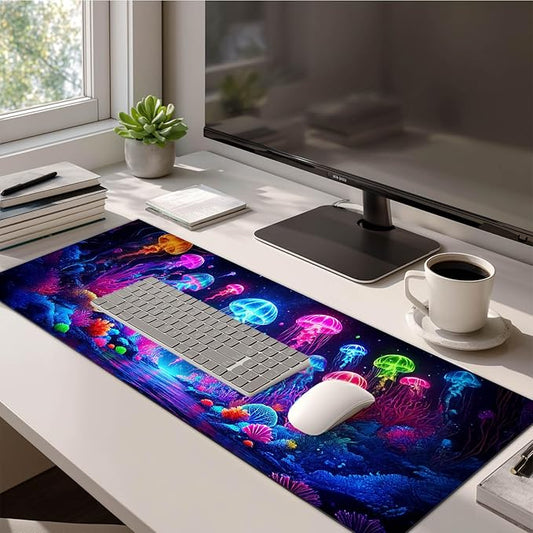 HOMETITUTE Jellyfish Neon Gaming Mouse Pad XL Desk Mat Large Mouse Pad for Extended Keyboard Pad Computer Mat Waterproof Mouse Mat Non Slip Base Desk Accessories for Home Office Gaming