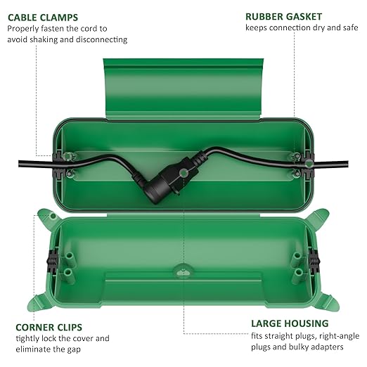 Flemoon Outdoor Extension Cord Safety Cover with Large Housing and IPX4 Waterproof Seal, Weatherproof Electrical Box for Outdoor Plugs and Power Cable Connections, Green