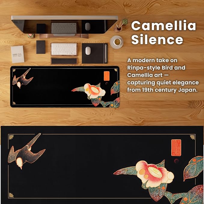 BELLEMOND Japanese Art Desk Mat | Large 31.5x11.8in Anime Mouse Pad for Keyboard & Mouse | Non-Slip Base, Water-Repellent | Original Japanese Design | Camellia Silence
