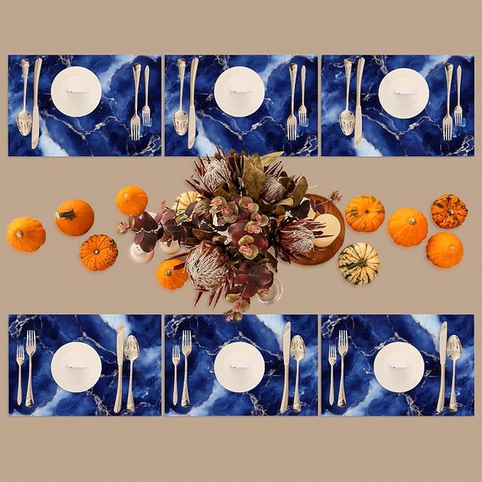 Placemats Set of 4 Heat-Resistant Rectangle Place Mats Blue Marble Washable Plastic PVC Dining Table Mat Non-Slip Wipeable Woven Vinyl Placemat for Kitchen Patio Table Decor
