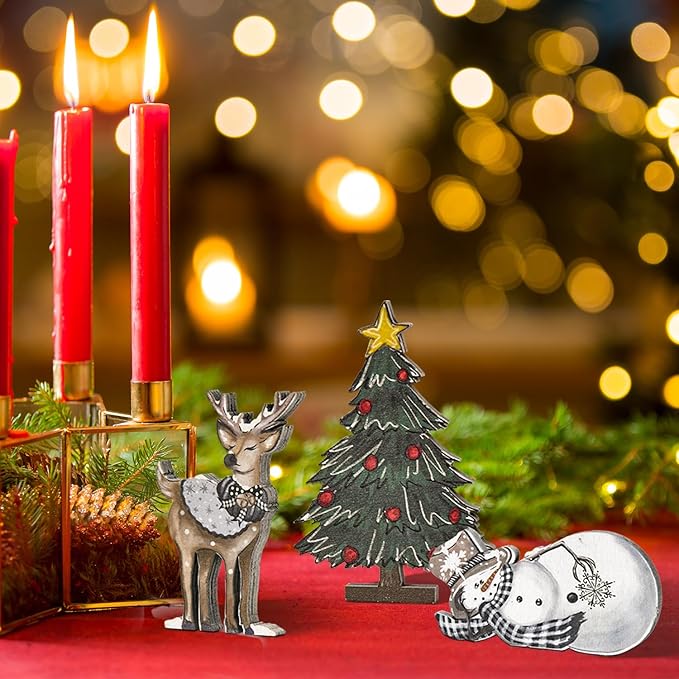 Smile 3 Pcs Wooden Blocks Christmas Signs, Reindeer Tree Snowman Tiered Tray Decorations, for Home Table Shelf.