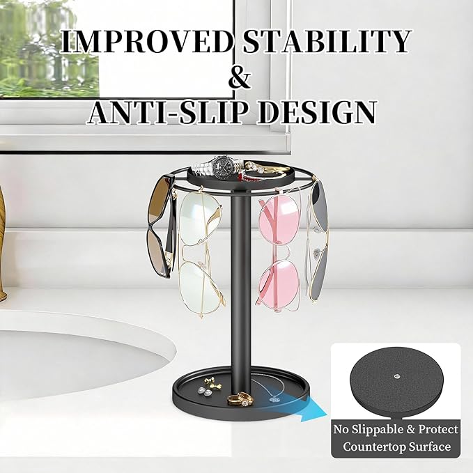 LSK 360° Rotating Sunglasses Organizer, Stainless Steel Glasses Holder Stand with Tray, Glasses Organizer with Storage Base for Dresser, Desk Table, Nightstand & Home Decor, Black