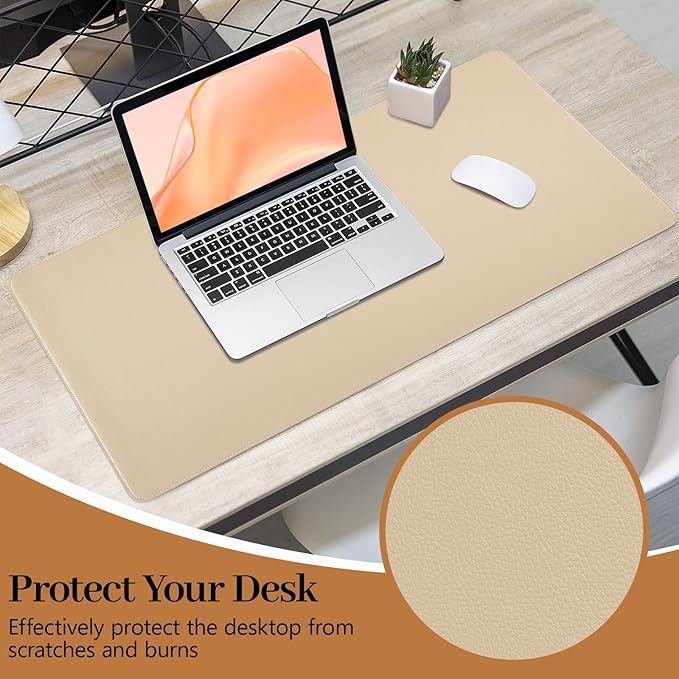 Beige Leather Desk Mat Large Mouse Pad, Waterproof Desk Pad for Keyboard and Mouse, Non-Slip Computer Desk Protector, Smooth Mouse Movement Desk Mat for Home and Office(35.4"×17")