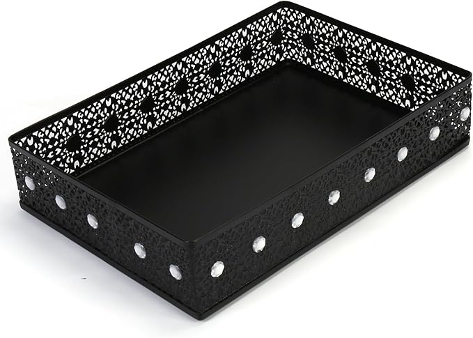 Desk Drawer Organizer, A4 Large Metal Mesh Desk Organizer Tray, Carved Hollow Floral Desk Tray, Versatile Storage Box Set for Office Home Supplies,13x9x3 inches (Rhinestones,1 PC)