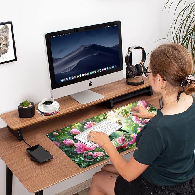 Ergonomic Mouse Pad Set with Wrist Support for Keyboard and Wrist Rest for Mouse, Memory Foam Comfort, Non-Slip Large Desk Mat for Home Office Pain Relief,Bird Pink Flower