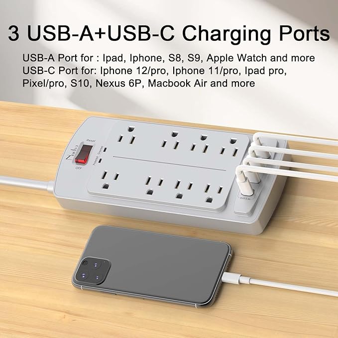 Surge Protector Power Strip - Nuetsa Flat Plug Extension Cord with 8 Outlets and 4 USB Ports, 6 Feet Power Cord, 2700 Joules, ETL Listed, Grey