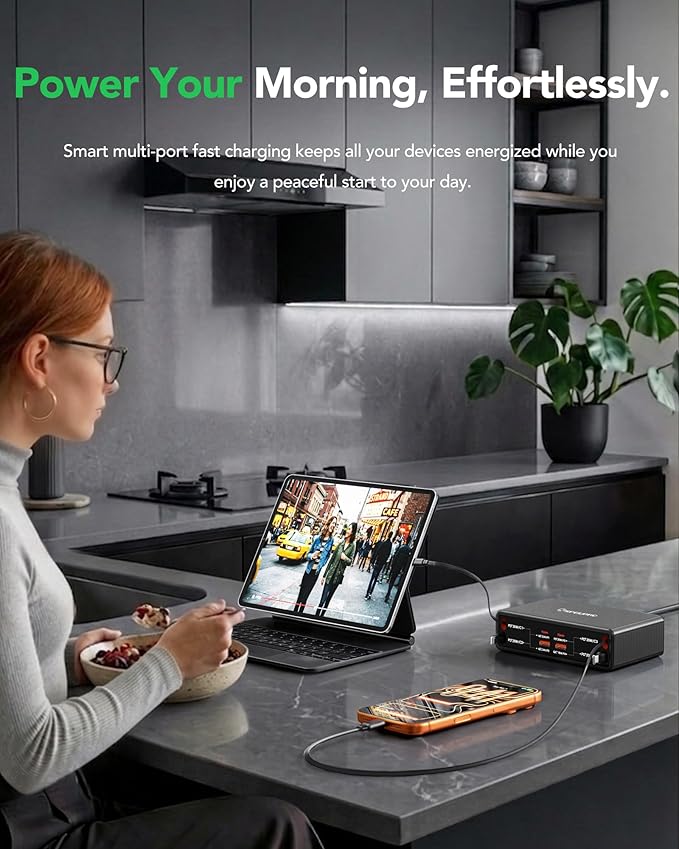 8-in-1 Retractable Charging Station Desktop for Multiple Devices, 105W GaN USB C Plug Retractable Multi Charger Hub for iPhone 17/16/15 Pro, Galaxy S26/S25, iPad, Pixel, Home Office, Travel Essentials