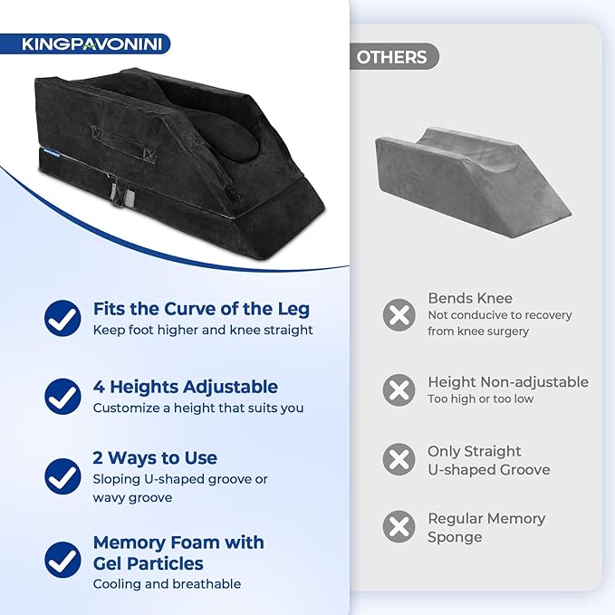 KingPavonini 4-Height Adjustable Leg Elevation Pillows for After Surgery with Ergonomic Curve, Memory Foam Wedge Pillow for Legs Swelling, Blood Circulation and Pain Relief, Black (Single Leg)