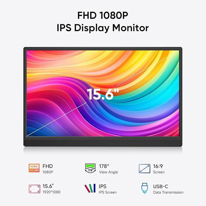 Portable Monitor 15.6'' FHD 1080P Laptop Monitors USB-C HDMI Travel Monitors for Laptop, Ultra-Slim IPS HDR Display w/Speakers, External Small Display for PC Phone Mac Xbox PS5/4 Switch