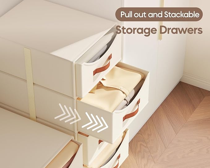 Homsorout Stackable Storage Drawers - Large Collapsible Storage Bins with Drawers, 4 Pack Closet Shelf Organizer Basket, Fabric Pull Out Organizer for Bedroom, Living Room, Dorm, Light Beige