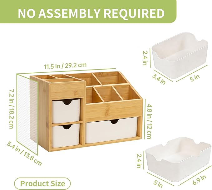 Bamboo Desktop Organizer 8 Compartment Cosmetic & Jewelry Holder with 3 Drawers, Vanity Storage Box for Skincare, Accessories & Beauty Products Display with Adjustable Dividers No Assembly Required