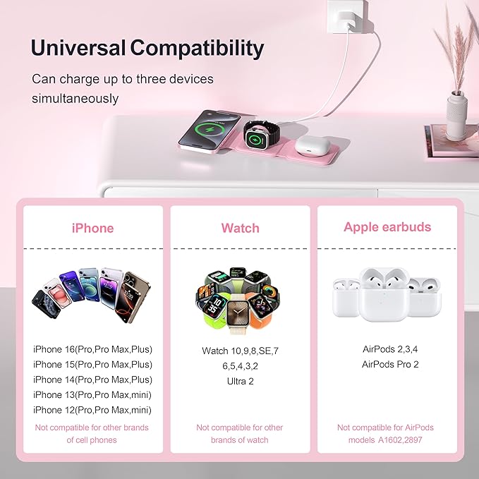 3 in 1 Charging Station for Multple Devices,Foldable 3 in 1 Wireless Charger for Travel,Nano Wireless Charging Station for iPhone16 15 14 13 12 Pro Max/Watch 10 9 8 7 6 5 4 3 Ultra/AirPod Pro