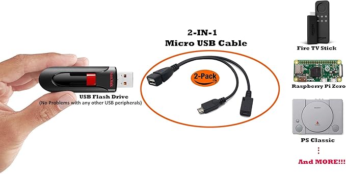 2-in-1 Micro USB to USB Adapter (OTG Cable + Power Cable) for Fire Stick, PlayStation Classic and More - 2 Pack
