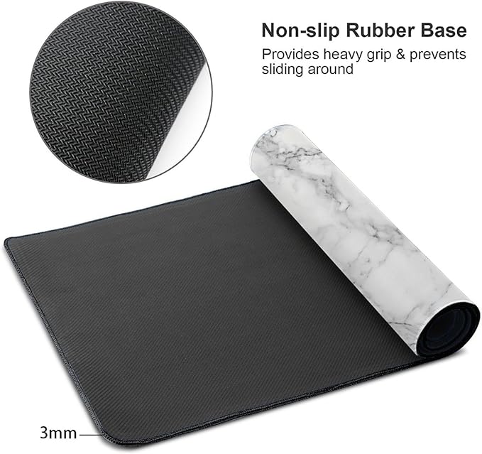 White Marble Large Mouse Pad & Desk Mat Extended Mousepad with Stitched Edges Non-Slip Rubber Base Laptop Computer Keyboard Pad for Gaming, Office & Home Decor, XXL - 29.5" X 15.8"