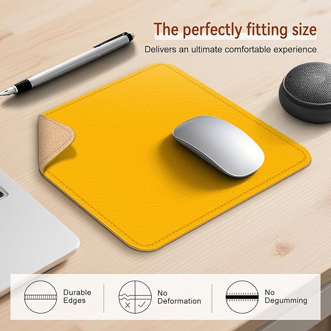 Leather Mouse Pad with Stitched Edge, Waterproof Gaming Mouse Mat for Computers, Laptop, Office & Home (Yellow, 11"*8")