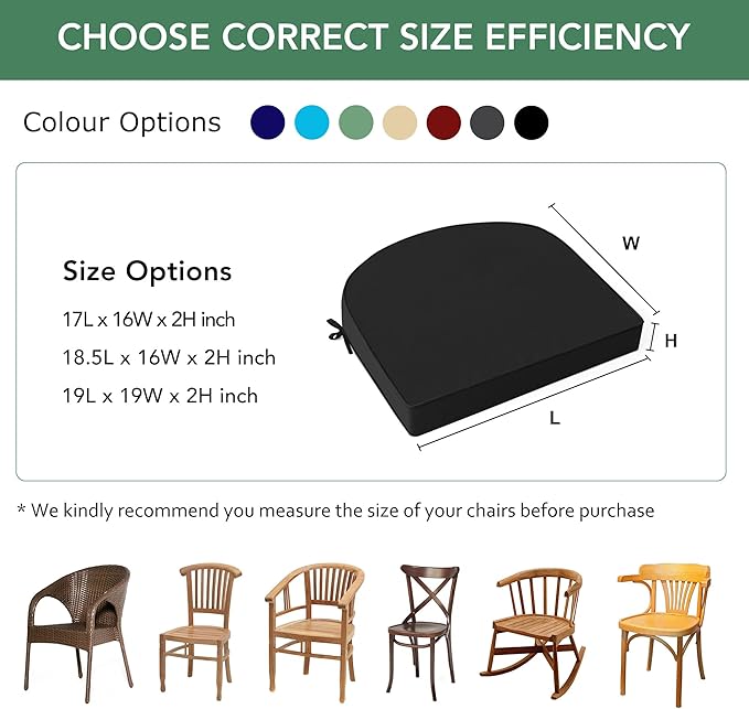 Outdoor Chair Cushions Set of 4: Waterproof & Fade Resistant Patio Furniture Cushions - 19 x 19 x 2 Inch Non Slip Round Corner Seat Cushion Pads with Removable Cover for Garden Yard Lawn, Black