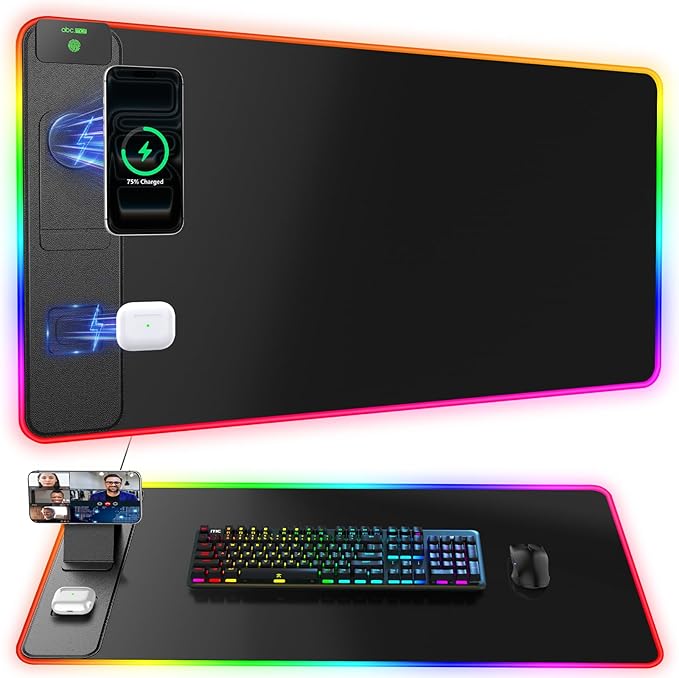 4-in-1 RGB Gaming Mouse Pad with Magnetic Wireless Charging & Phone Stand, 31.5"x15.8" Large, 24 Light Effects, Non-Slip Base, Waterproof Ultra-Smooth Surface, No Adatper